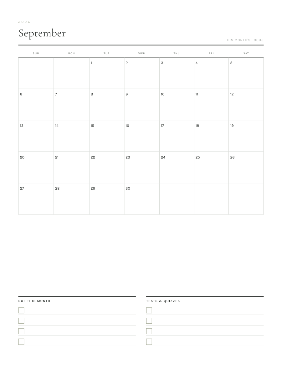 Monthly calendar with due this month and tests and quizzes