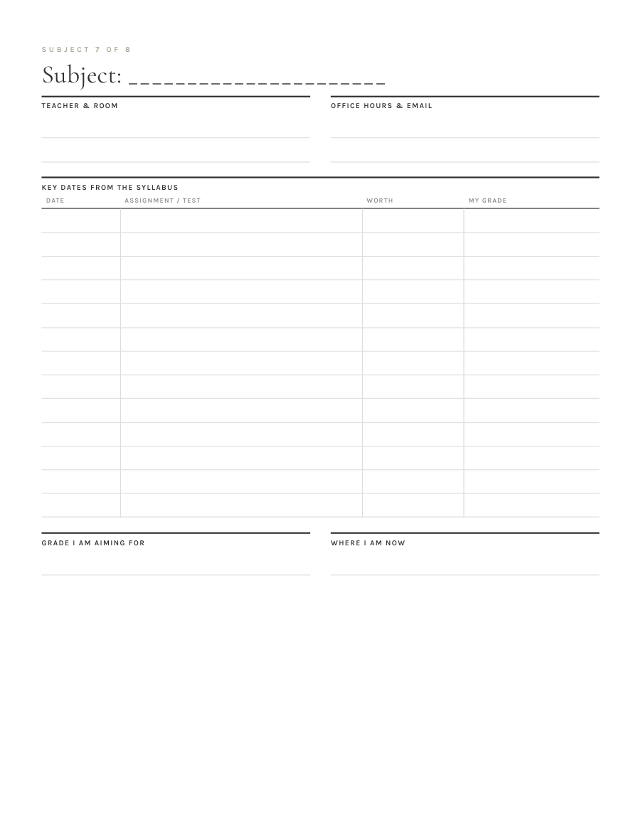 Subject page with teacher, office hours and syllabus key dates