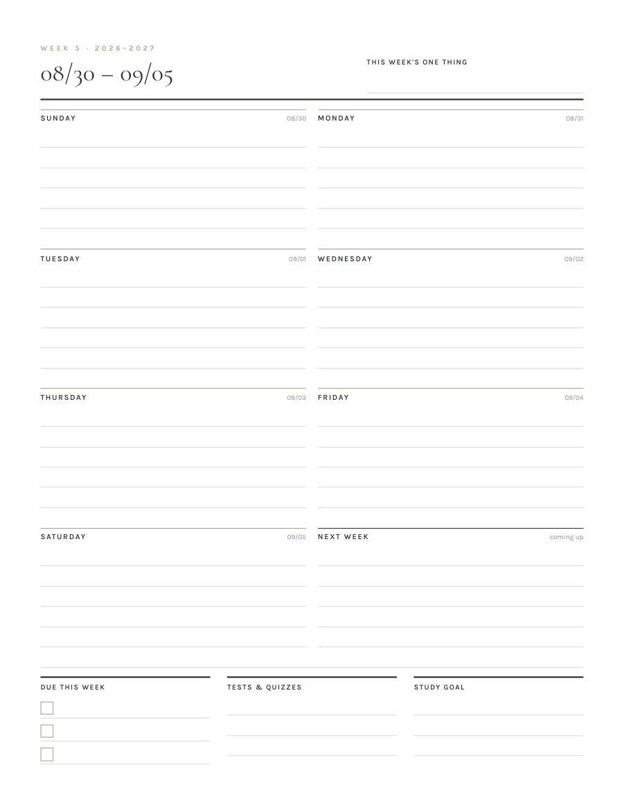 Dated weekly spread from the student planner, Sunday start